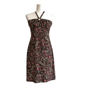 Vintage Ann Taylor Loft Dress Brown Floral Keyhole Halter Sleeveless Size 2P